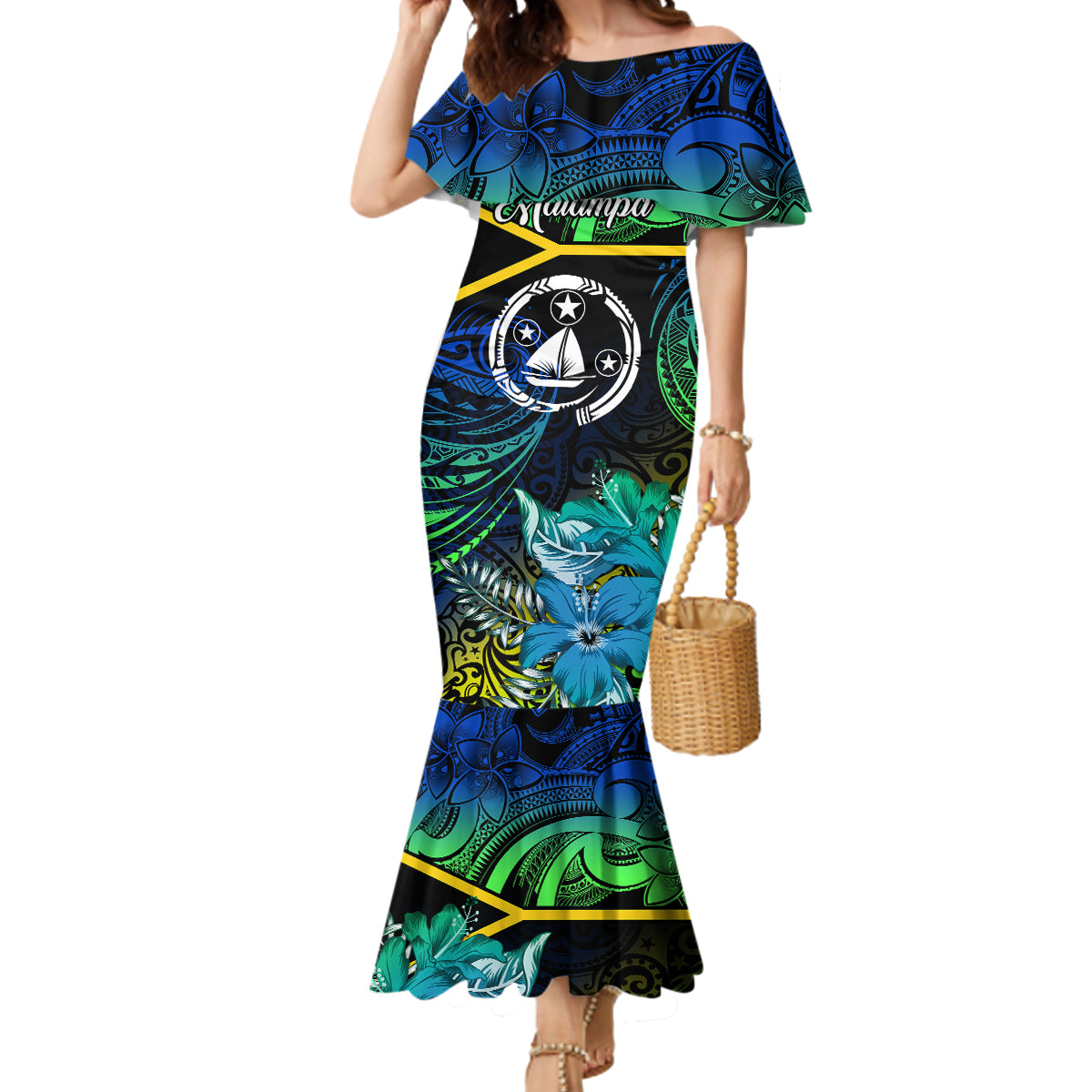 malampa-day-mermaid-dress-vanuatu-flowers-with-malampa-emblem-tribal-pattern