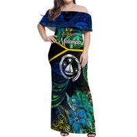 Malampa Day Off Shoulder Maxi Dress Vanuatu Flowers with Malampa Emblem Tribal Pattern LT9 Women Black - Polynesian Pride