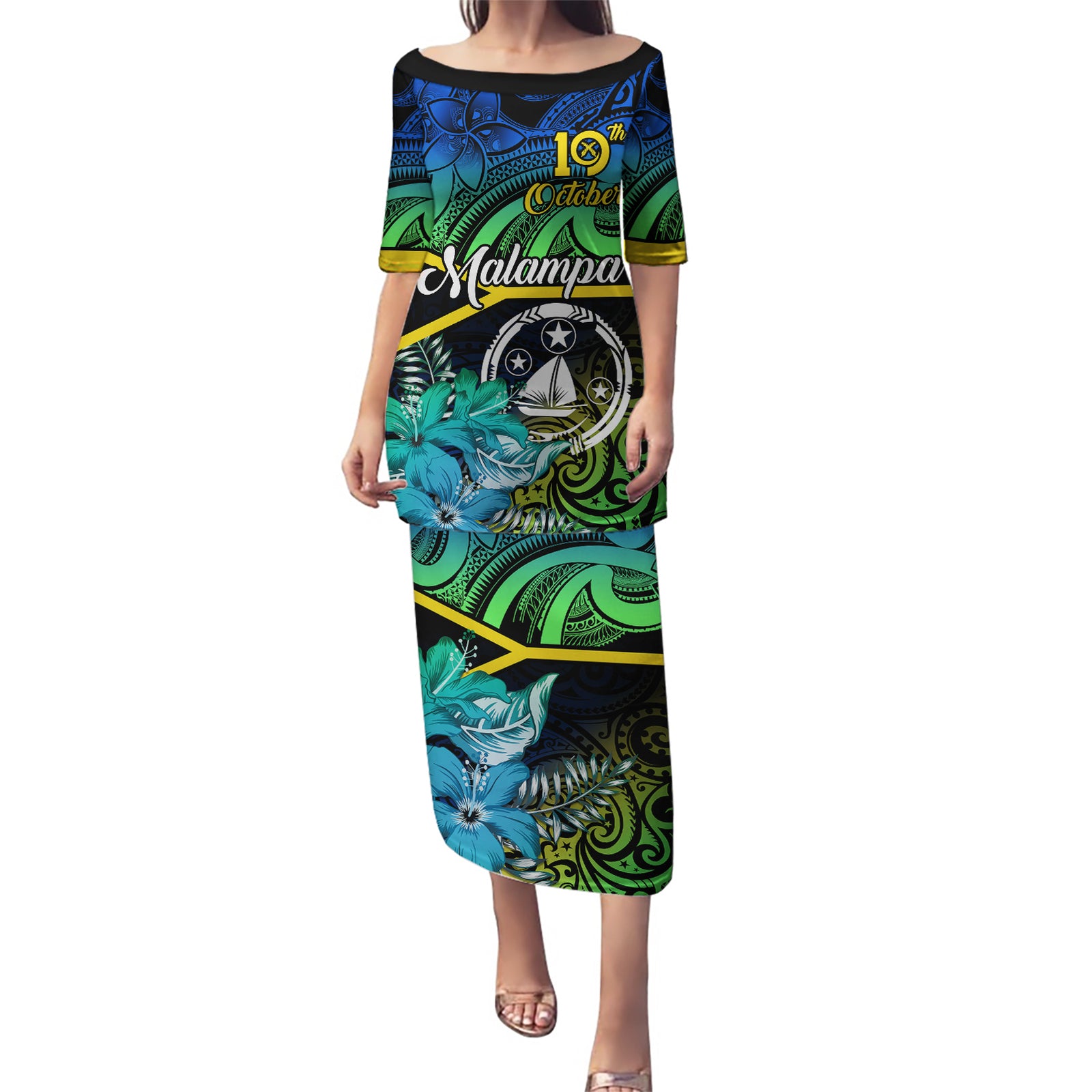 Malampa Day Puletasi Vanuatu Flowers with Malampa Emblem Tribal Pattern LT9 Long Dress Black - Polynesian Pride