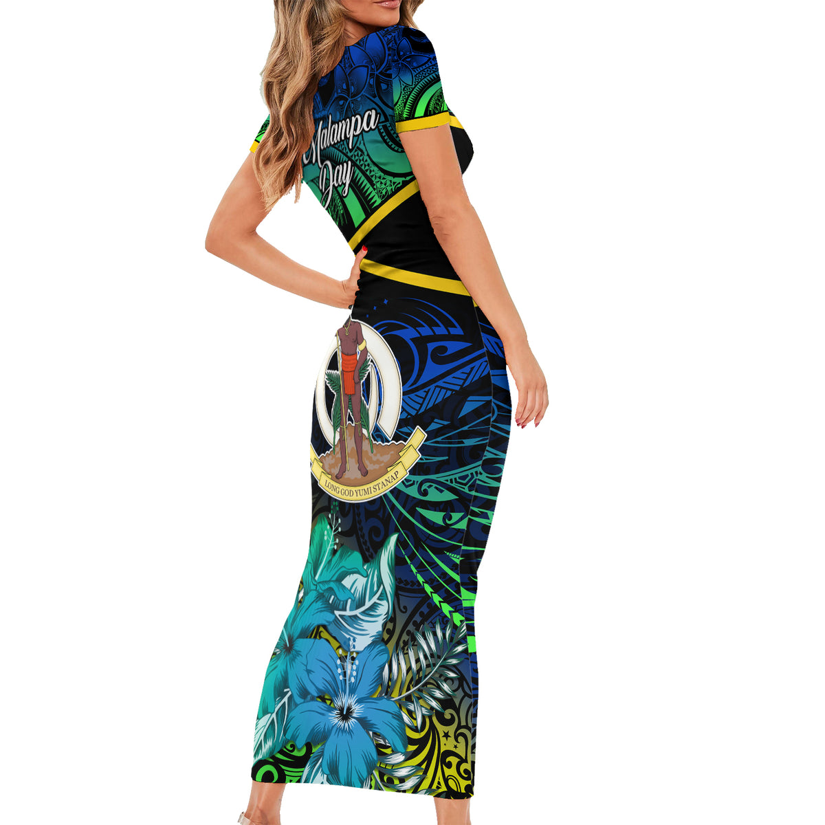 malampa-day-short-sleeve-bodycon-dress-vanuatu-flowers-with-malampa-emblem-tribal-pattern