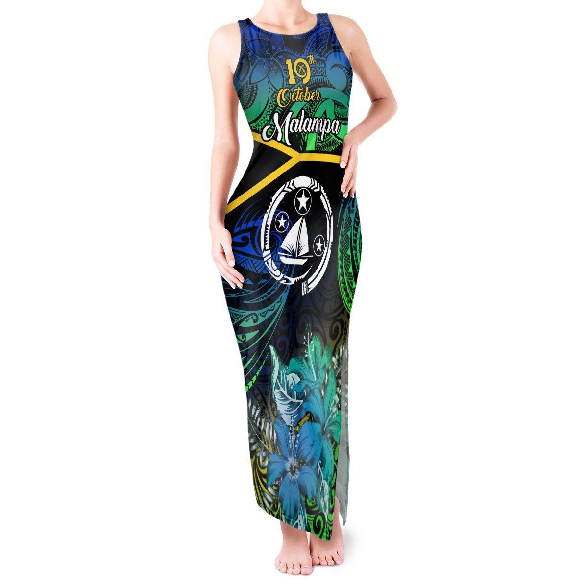 Malampa Day Tank Maxi Dress Vanuatu Flowers with Malampa Emblem Tribal Pattern LT9 Women Black - Polynesian Pride