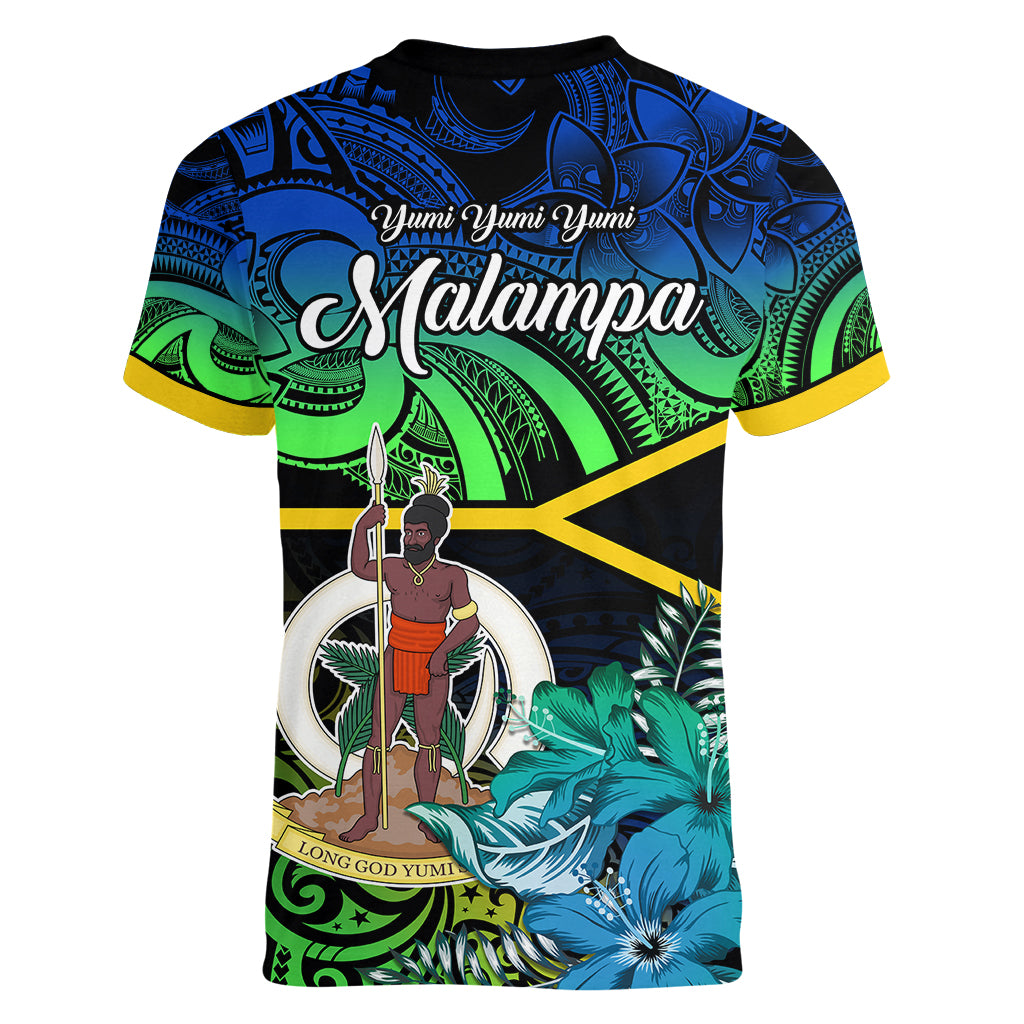 malampa-day-women-v-neck-t-shirt-vanuatu-flowers-with-malampa-emblem-tribal-pattern