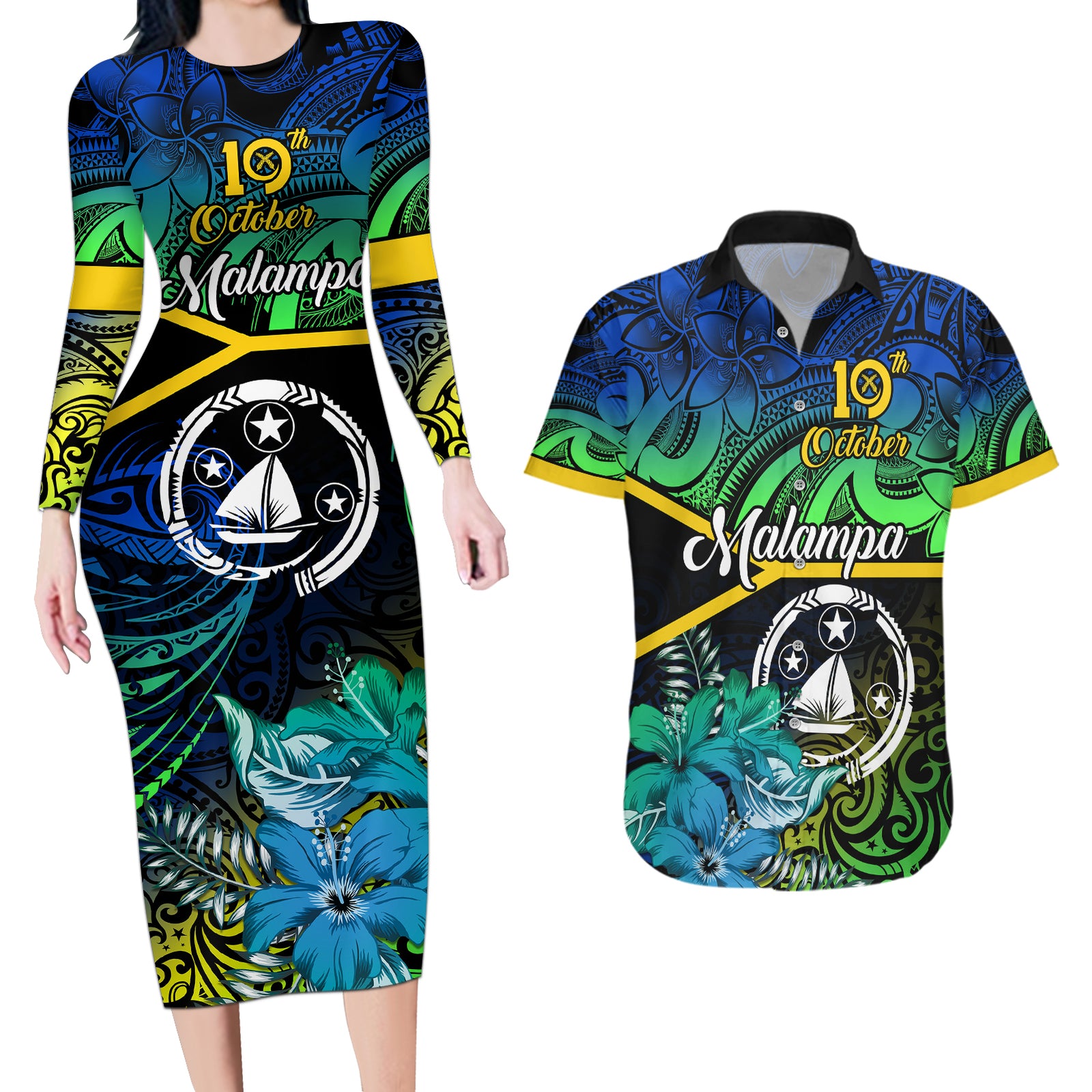 Personalised Malampa Day Couples Matching Long Sleeve Bodycon Dress and Hawaiian Shirt Vanuatu Flowers with Malampa Emblem Tribal Pattern LT9 Black - Polynesian Pride