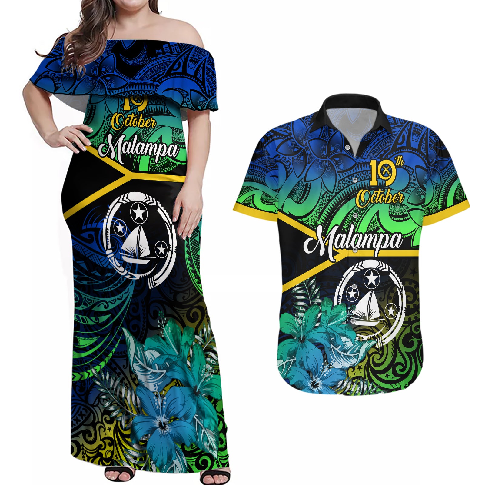 personalised-malampa-day-couples-matching-off-shoulder-maxi-dress-and-hawaiian-shirt-vanuatu-flowers-with-malampa-emblem-tribal-pattern