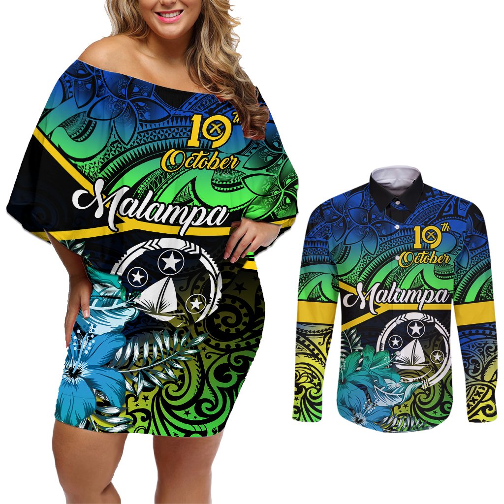 Personalised Malampa Day Couples Matching Off Shoulder Short Dress and Long Sleeve Button Shirts Vanuatu Flowers with Malampa Emblem Tribal Pattern LT9 Black - Polynesian Pride