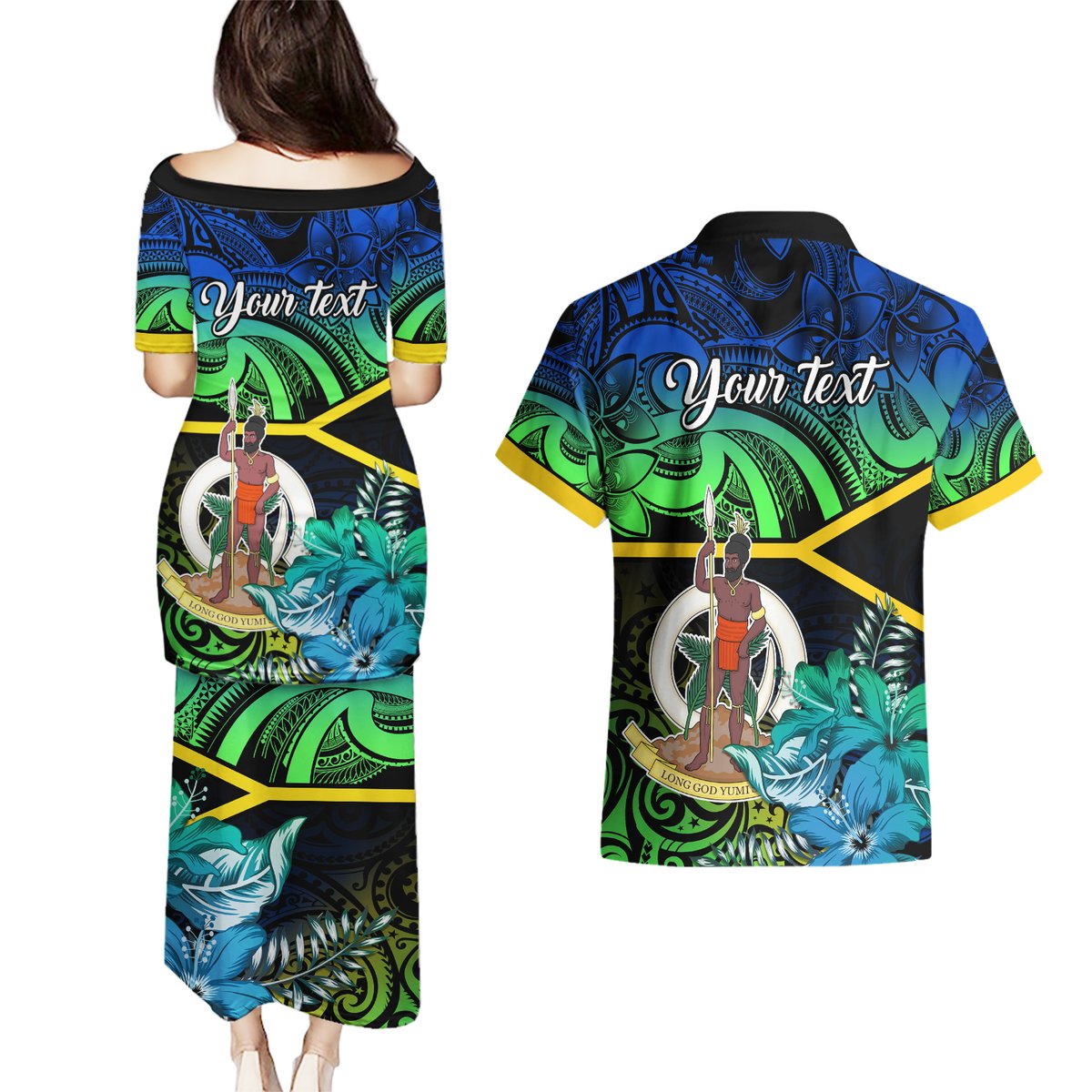 personalised-malampa-day-couples-matching-puletasi-dress-and-hawaiian-shirt-vanuatu-flowers-with-malampa-emblem-tribal-pattern