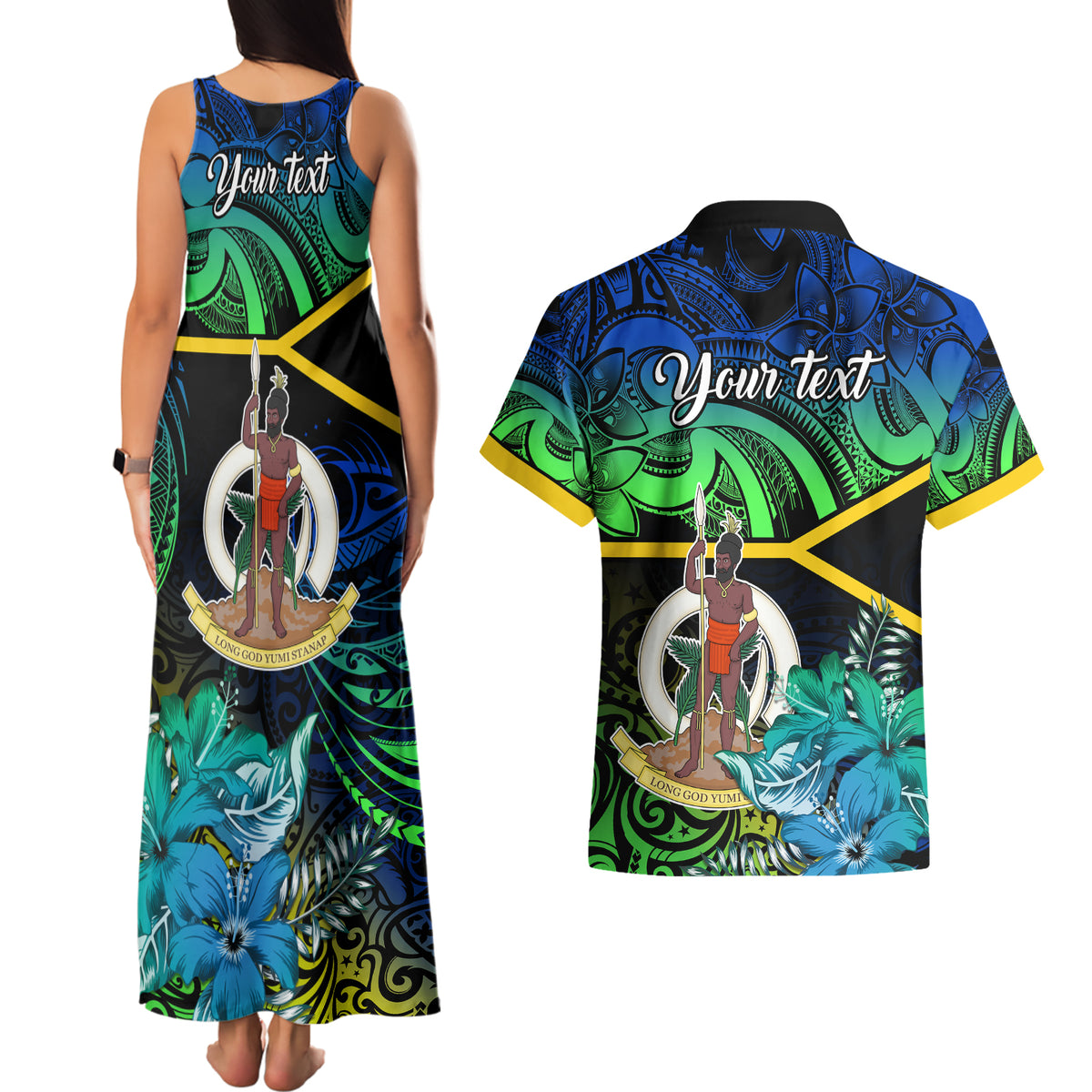 personalised-malampa-day-couples-matching-tank-maxi-dress-and-hawaiian-shirt-vanuatu-flowers-with-malampa-emblem-tribal-pattern