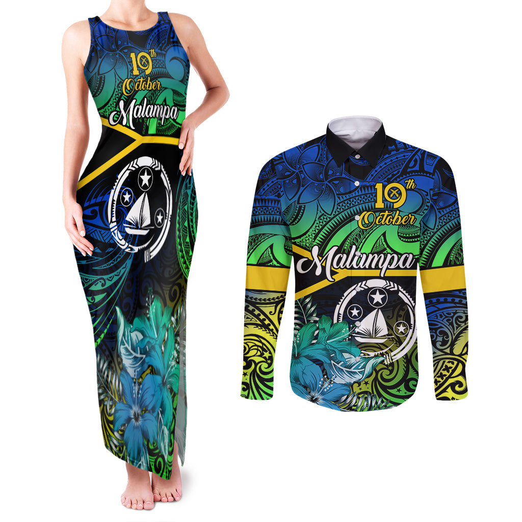 Personalised Malampa Day Couples Matching Tank Maxi Dress and Long Sleeve Button Shirts Vanuatu Flowers with Malampa Emblem Tribal Pattern LT9 Black - Polynesian Pride