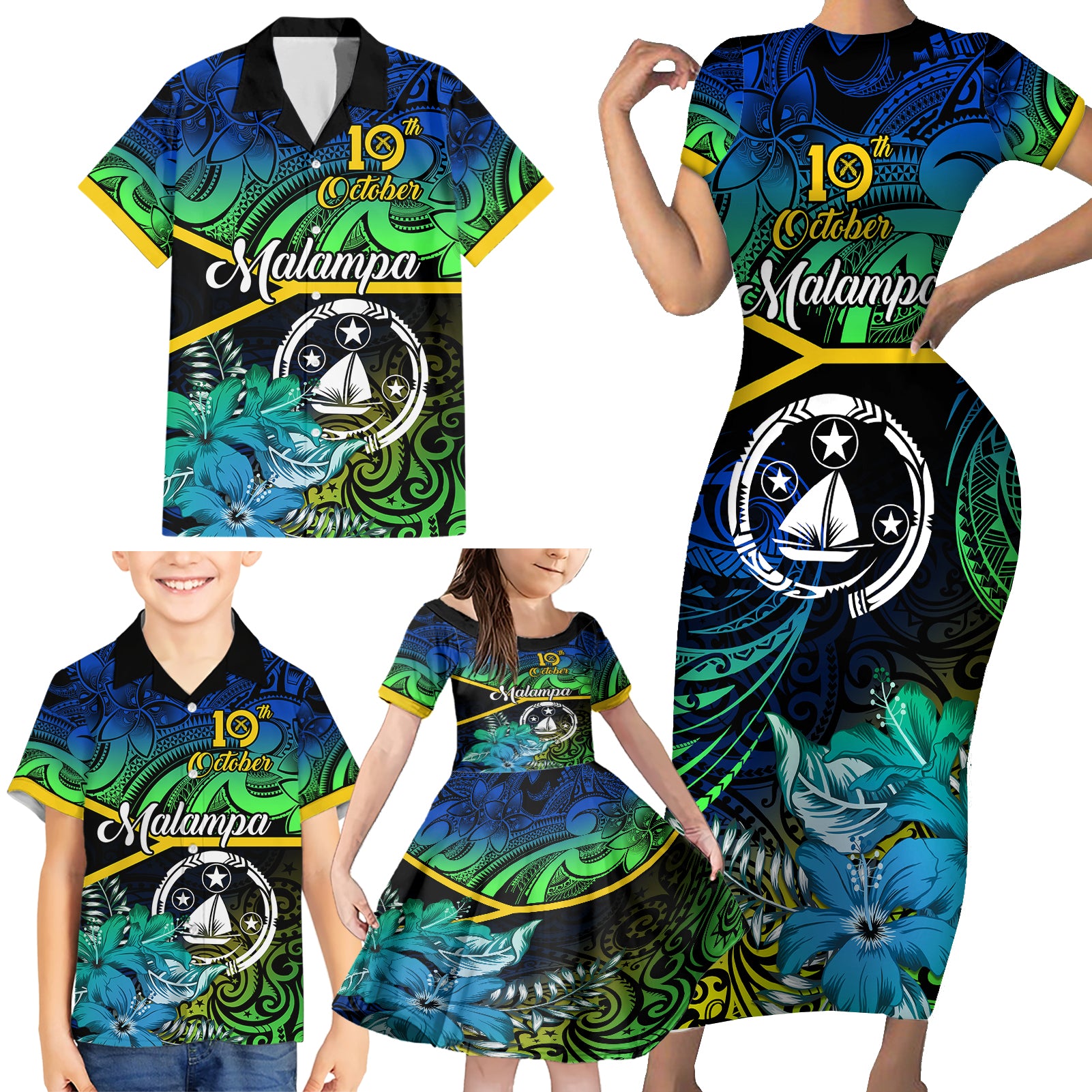 personalised-malampa-day-family-matching-short-sleeve-bodycon-dress-and-hawaiian-shirt-vanuatu-flowers-with-malampa-emblem-tribal-pattern