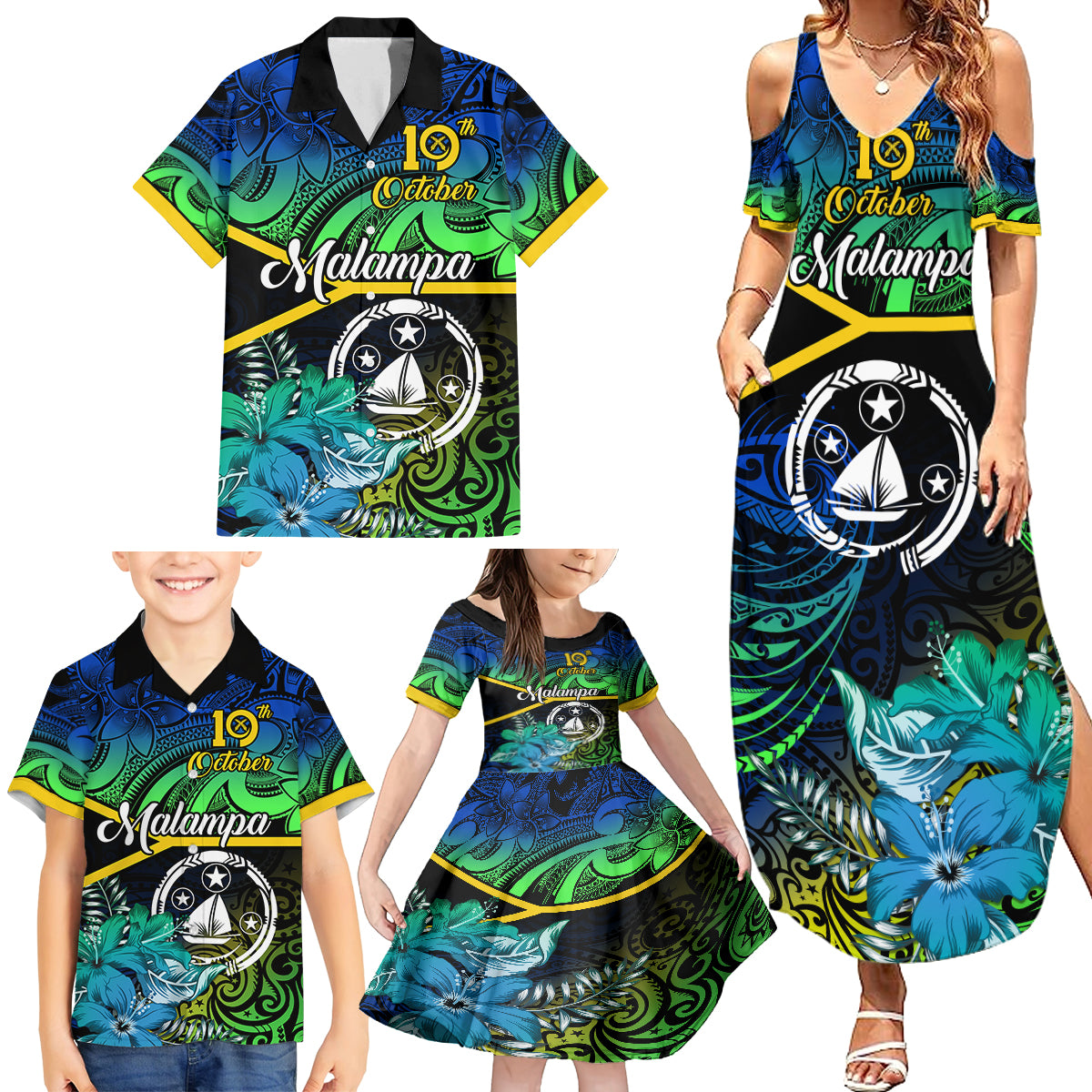 personalised-malampa-day-family-matching-summer-maxi-dress-and-hawaiian-shirt-vanuatu-flowers-with-malampa-emblem-tribal-pattern