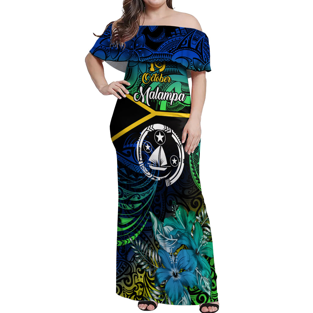 Personalised Malampa Day Off Shoulder Maxi Dress Vanuatu Flowers with Malampa Emblem Tribal Pattern LT9 Women Black - Polynesian Pride
