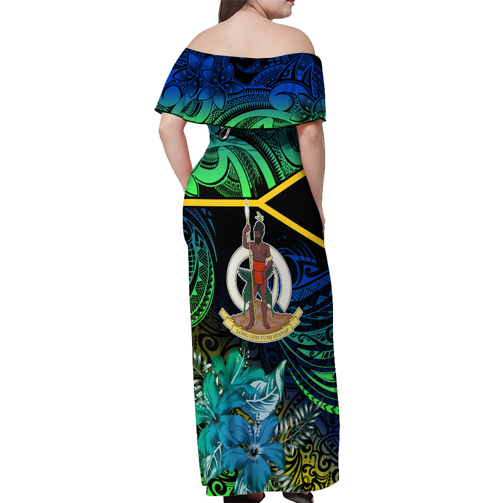 Personalised Malampa Day Off Shoulder Maxi Dress Vanuatu Flowers with Malampa Emblem Tribal Pattern LT9 - Polynesian Pride
