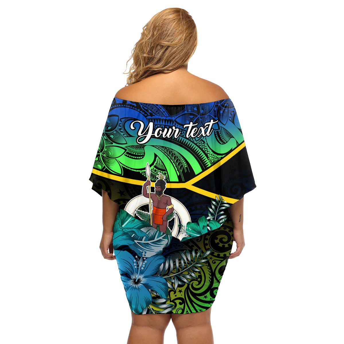 Personalised Malampa Day Off Shoulder Short Dress Vanuatu Flowers with Malampa Emblem Tribal Pattern LT9 - Polynesian Pride