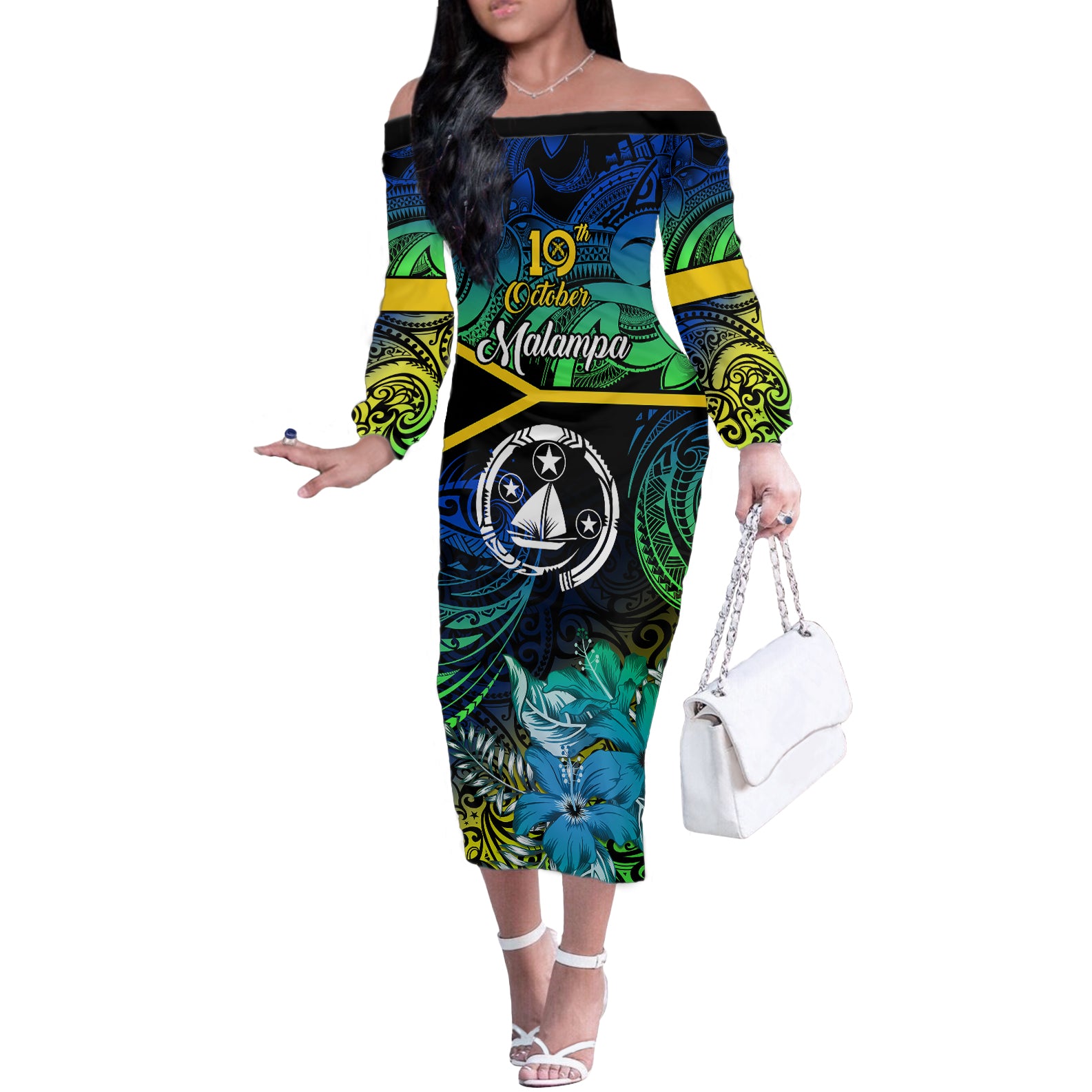 personalised-malampa-day-off-the-shoulder-long-sleeve-dress-vanuatu-flowers-with-malampa-emblem-tribal-pattern