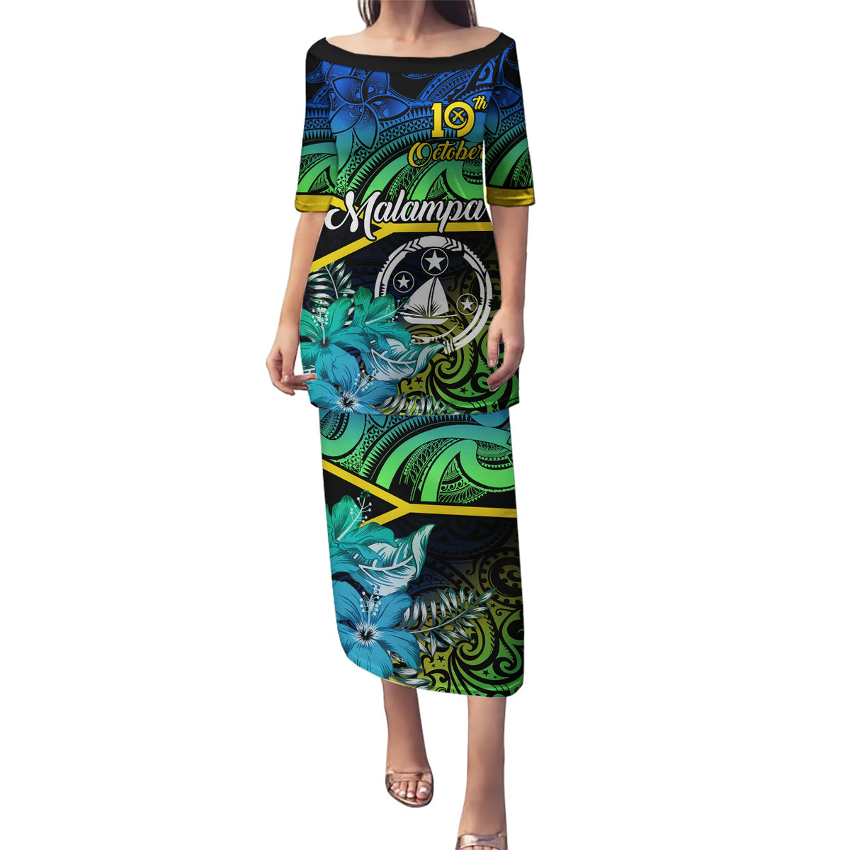 Personalised Malampa Day Puletasi Vanuatu Flowers with Malampa Emblem Tribal Pattern LT9 Long Dress Black - Polynesian Pride