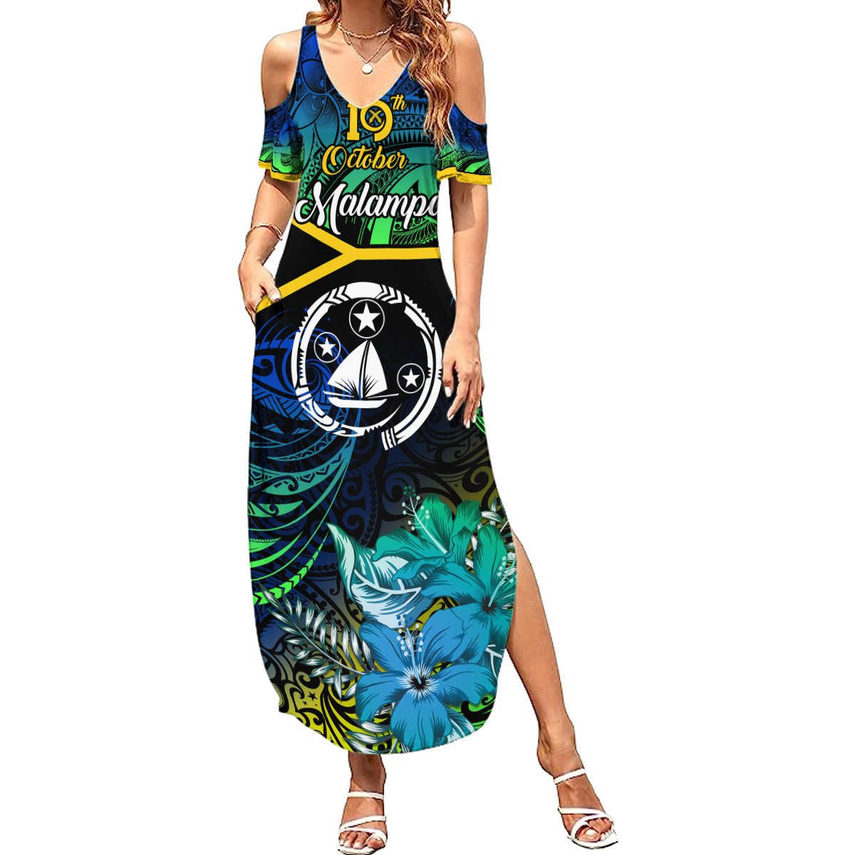 Personalised Malampa Day Summer Maxi Dress Vanuatu Flowers with Malampa Emblem Tribal Pattern LT9 Women Black - Polynesian Pride