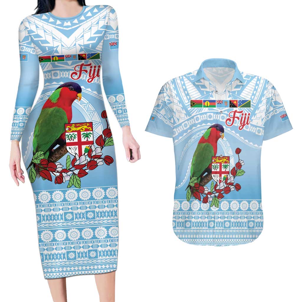 Melanesian Fiji Kula Bird Couples Matching Long Sleeve Bodycon Dress and Hawaiian Shirt with Tagimoucia Masi Tapa Pattern