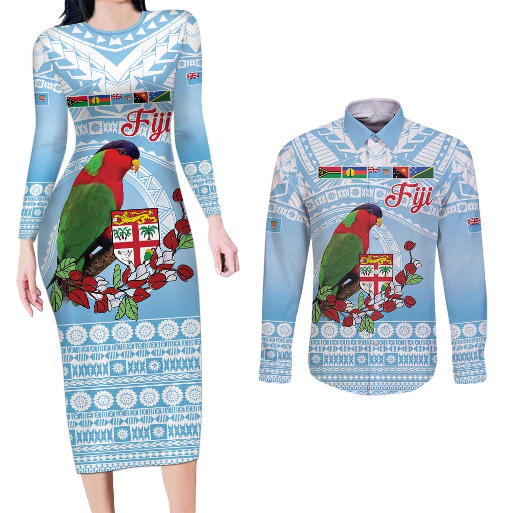 Melanesian Fiji Kula Bird Couples Matching Long Sleeve Bodycon Dress and Long Sleeve Button Shirt with Tagimoucia Masi Tapa Pattern