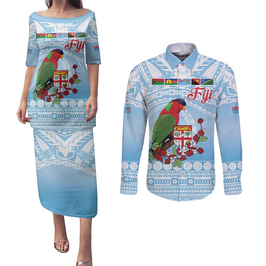 Melanesian Fiji Kula Bird Couples Matching Puletasi and Long Sleeve Button Shirt with Tagimoucia Masi Tapa Pattern