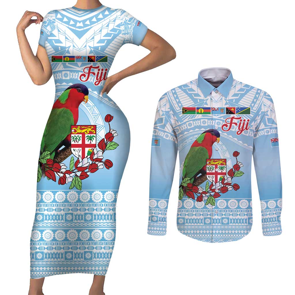 Melanesian Fiji Kula Bird Couples Matching Short Sleeve Bodycon Dress and Long Sleeve Button Shirt with Tagimoucia Masi Tapa Pattern