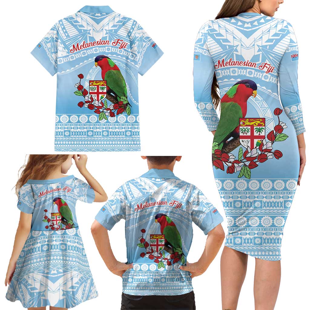 Melanesian Fiji Kula Bird Family Matching Long Sleeve Bodycon Dress and Hawaiian Shirt with Tagimoucia Masi Tapa Pattern