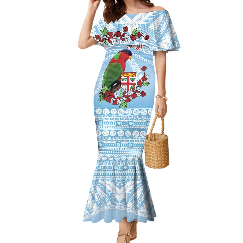 Melanesian Fiji Kula Bird Family Matching Mermaid Dress and Hawaiian Shirt with Tagimoucia Masi Tapa Pattern