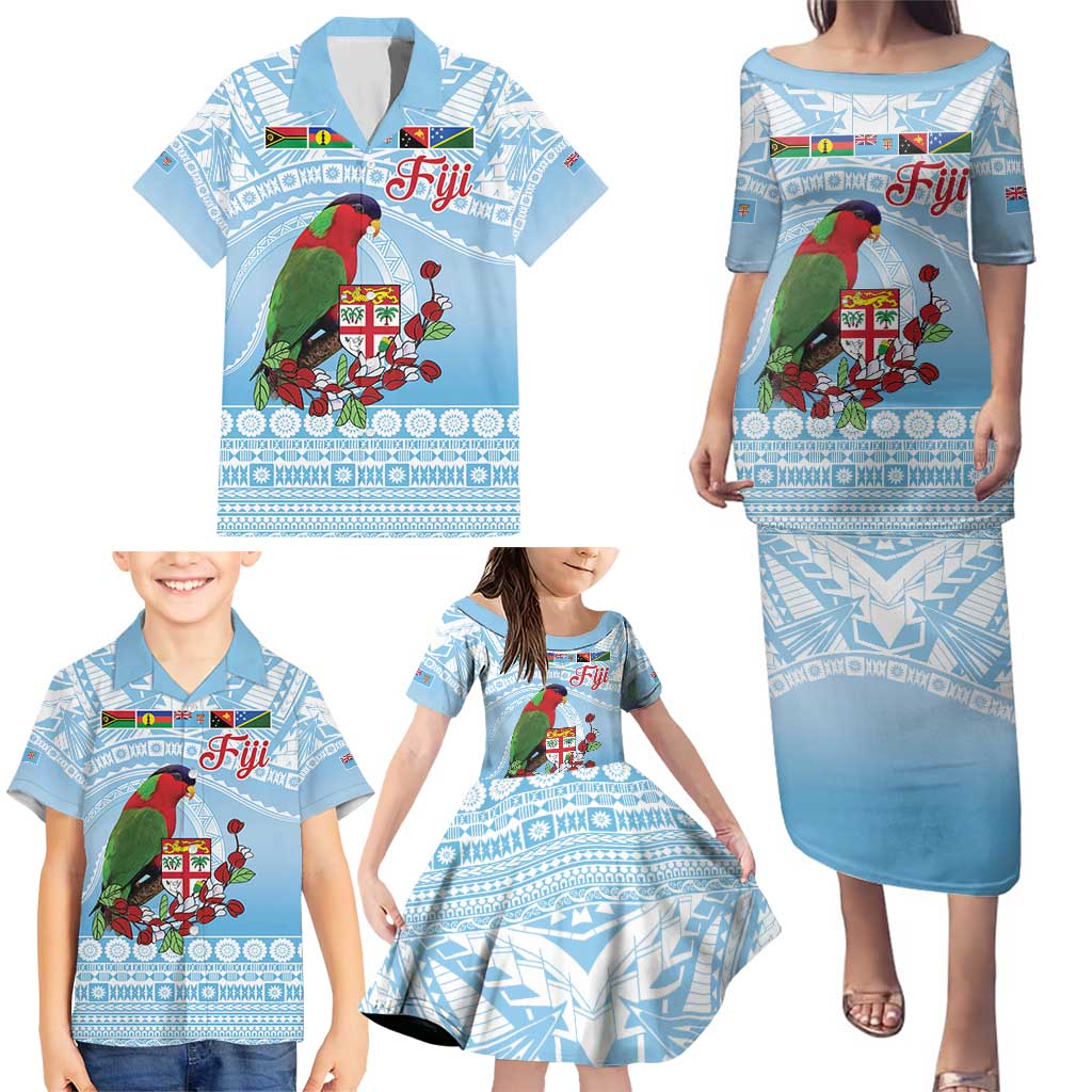 Melanesian Fiji Kula Bird Family Matching Puletasi and Hawaiian Shirt with Tagimoucia Masi Tapa Pattern