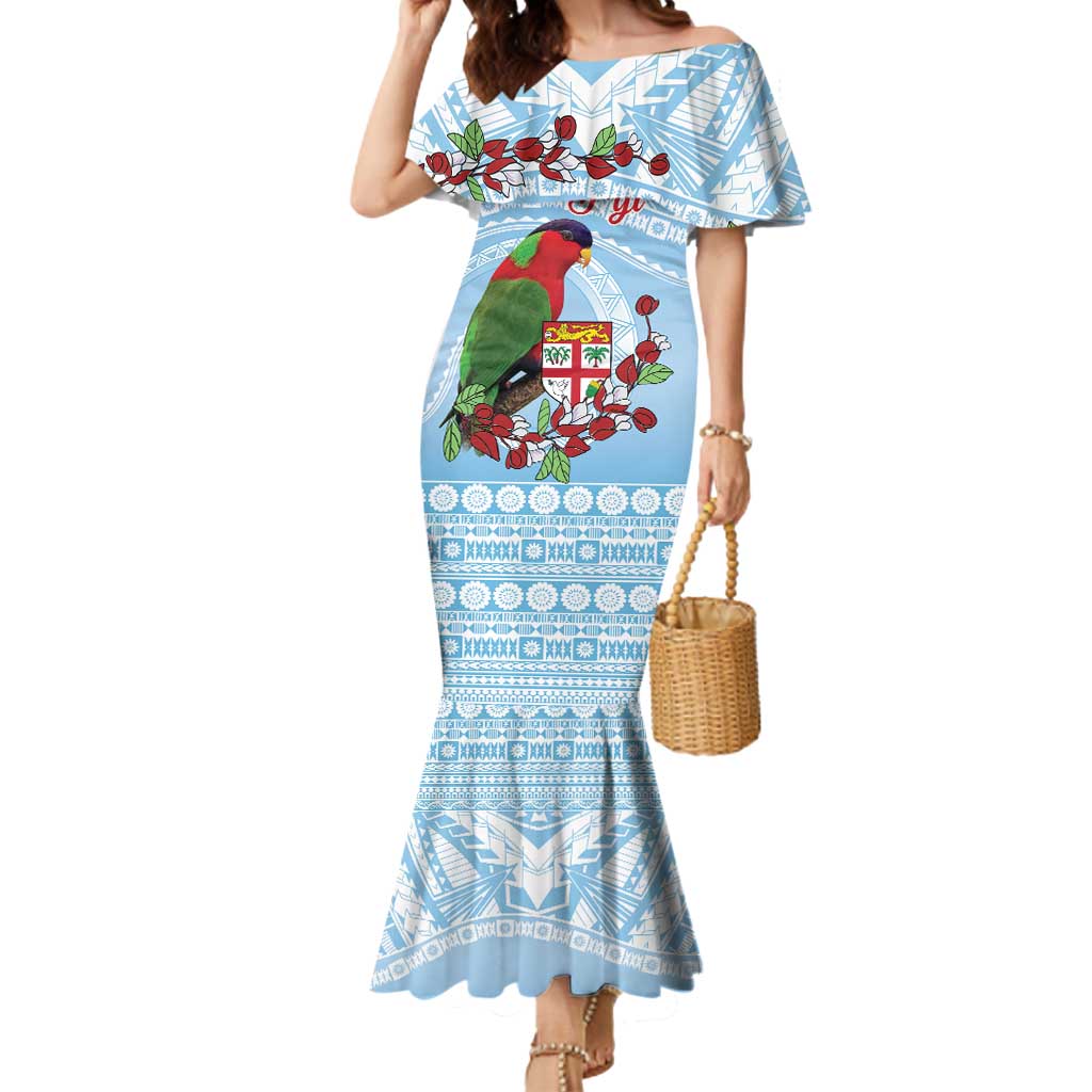 Melanesian Fiji Kula Bird Mermaid Dress with Tagimoucia Masi Tapa Pattern