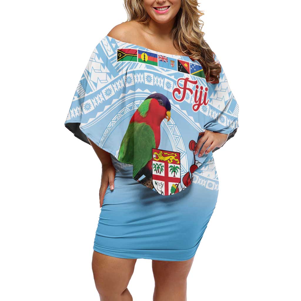 Melanesian Fiji Kula Bird Off Shoulder Short Dress with Tagimoucia Masi Tapa Pattern