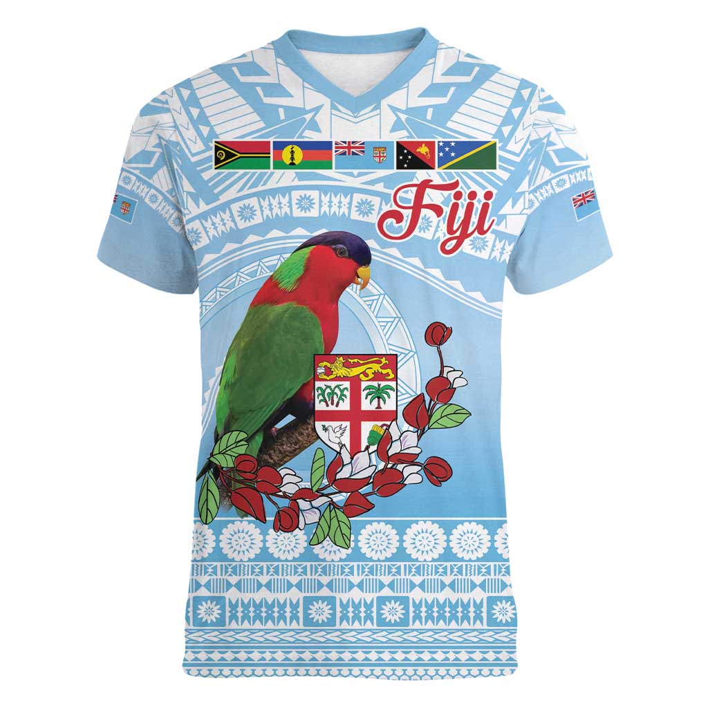 Melanesian Fiji Kula Bird Women V-Neck T-Shirt with Tagimoucia Masi Tapa Pattern