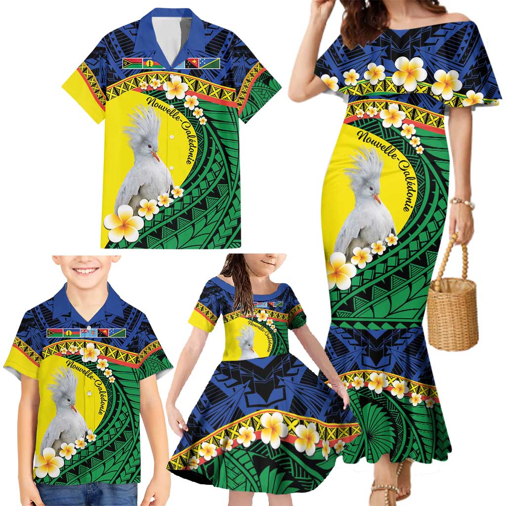 Melanesian New Caledonia Family Matching Mermaid Dress and Hawaiian Shirt Plumeria Kagu Bird and Nautilus Shell