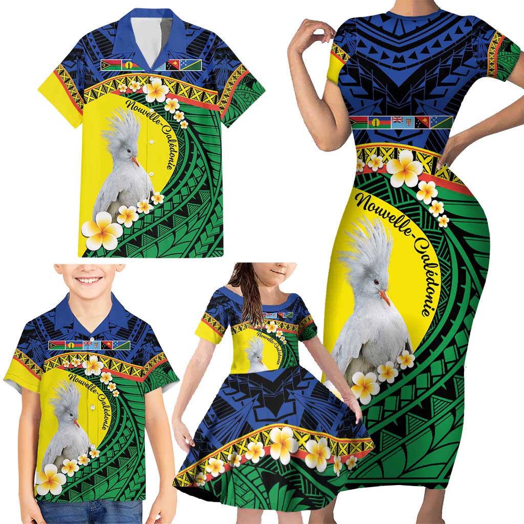 Melanesian New Caledonia Family Matching Short Sleeve Bodycon Dress and Hawaiian Shirt Plumeria Kagu Bird and Nautilus Shell