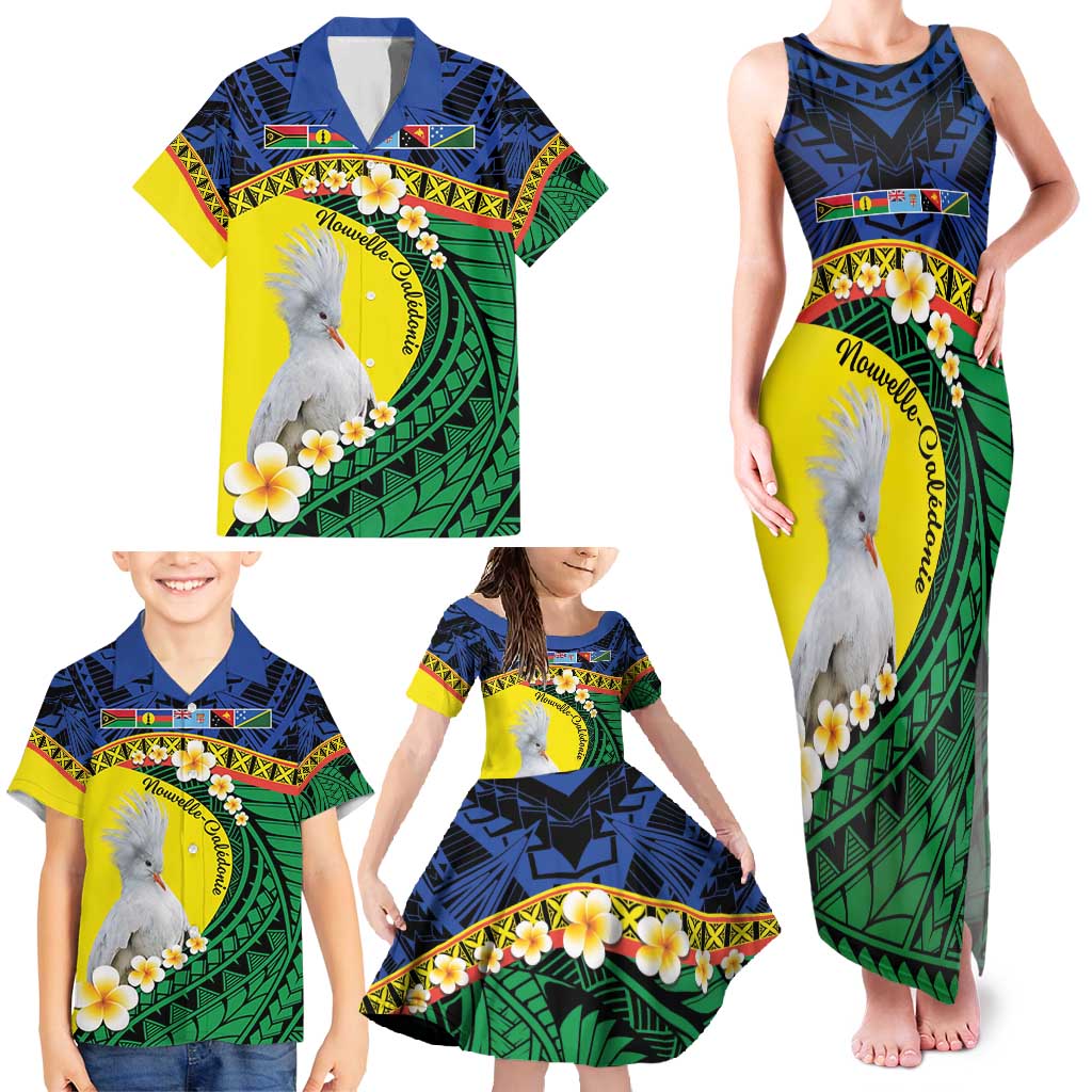 Melanesian New Caledonia Family Matching Tank Maxi Dress and Hawaiian Shirt Plumeria Kagu Bird and Nautilus Shell