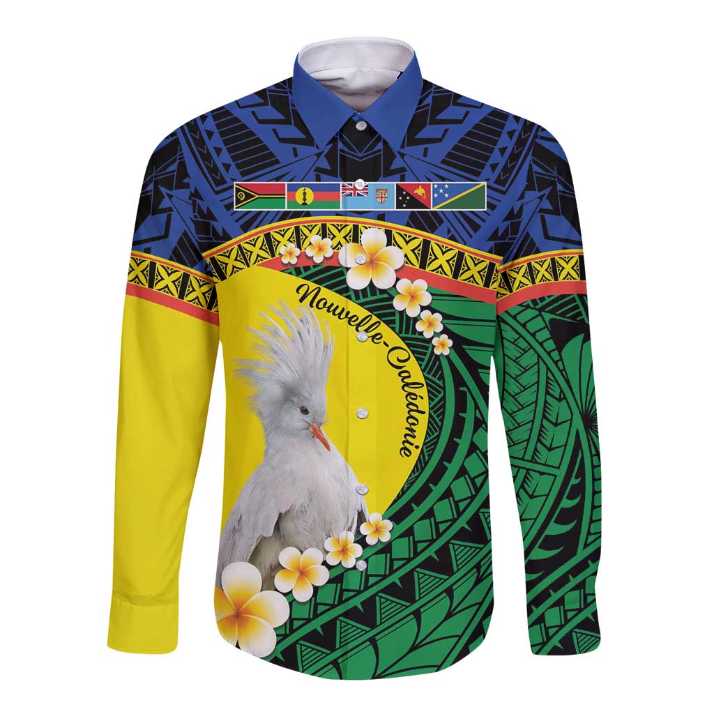 Melanesian New Caledonia Long Sleeve Button Shirt Plumeria Kagu Bird and Nautilus Shell