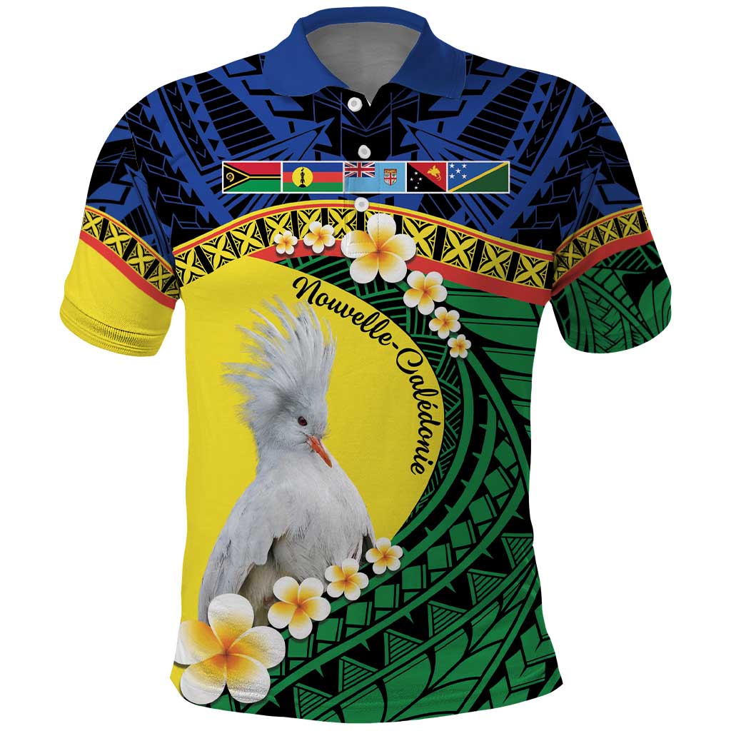 Melanesian New Caledonia Polo Shirt Plumeria Kagu Bird and Nautilus Shell