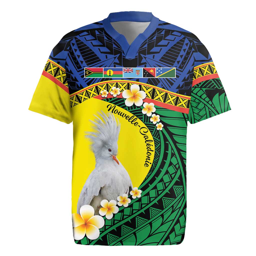 Melanesian New Caledonia Rugby Jersey Plumeria Kagu Bird and Nautilus Shell