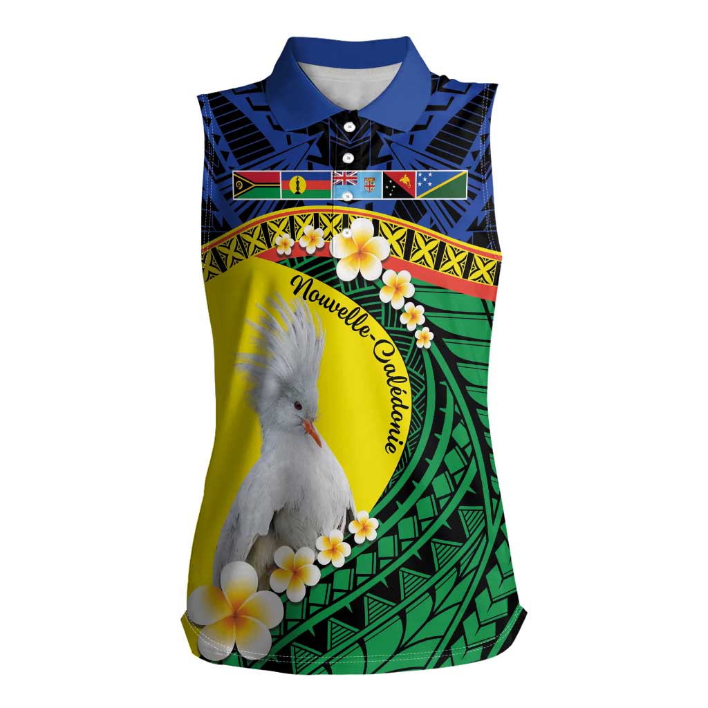 Melanesian New Caledonia Women Sleeveless Polo Shirt Plumeria Kagu Bird and Nautilus Shell