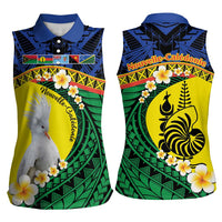 Melanesian New Caledonia Women Sleeveless Polo Shirt Plumeria Kagu Bird and Nautilus Shell