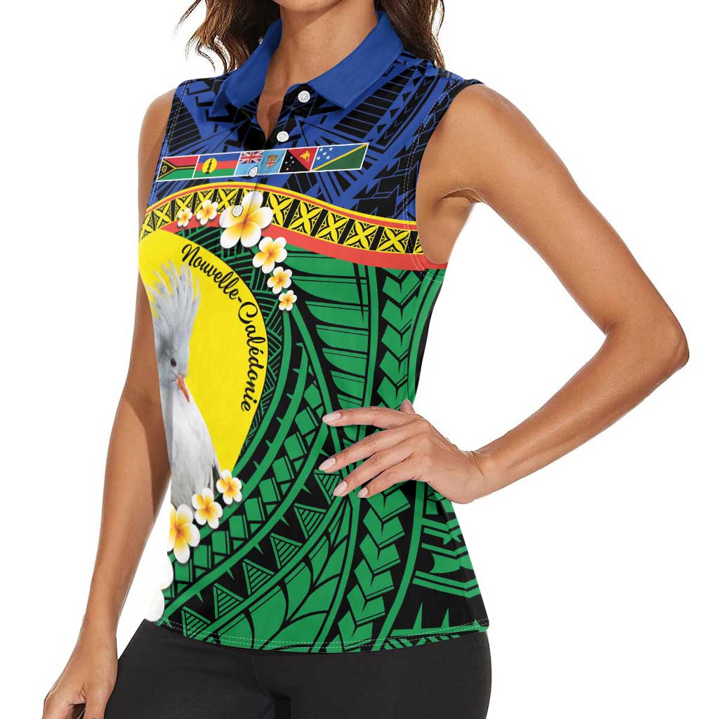 Melanesian New Caledonia Women Sleeveless Polo Shirt Plumeria Kagu Bird and Nautilus Shell