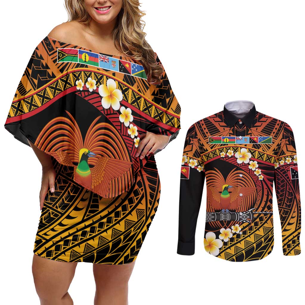 Melanesian Papua New Guinea Couples Matching Off Shoulder Short Dress and Long Sleeve Button Shirt Plumeria Bird of Paradise Tribal LT9 Red - Polynesian Pride