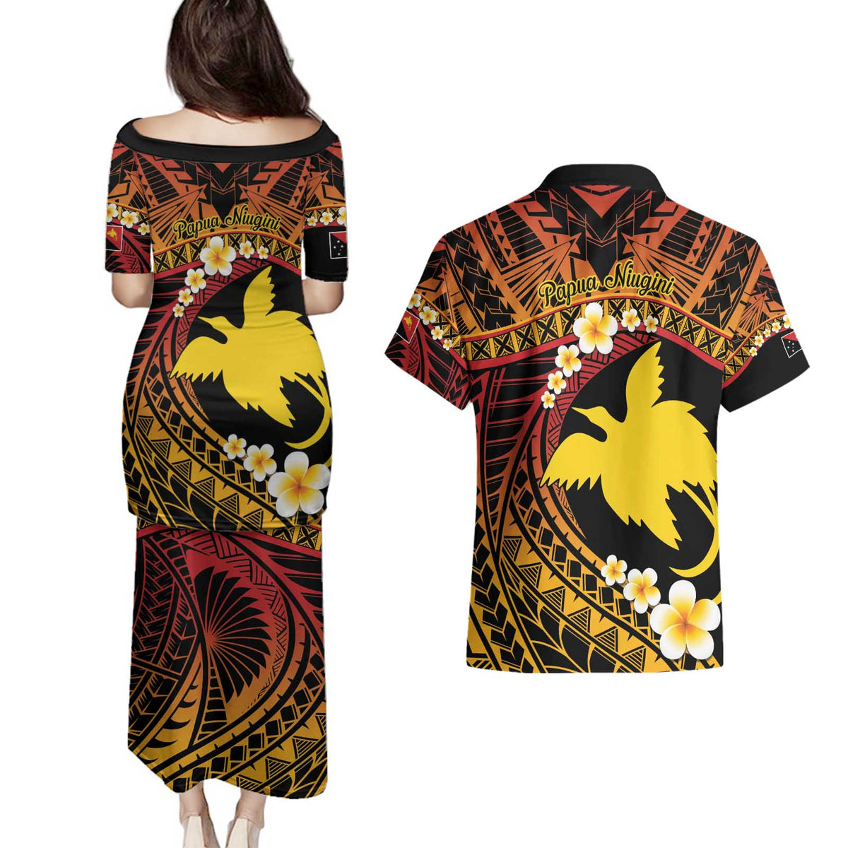 Melanesian Papua New Guinea Couples Matching Puletasi and Hawaiian Shirt Plumeria Bird of Paradise Tribal