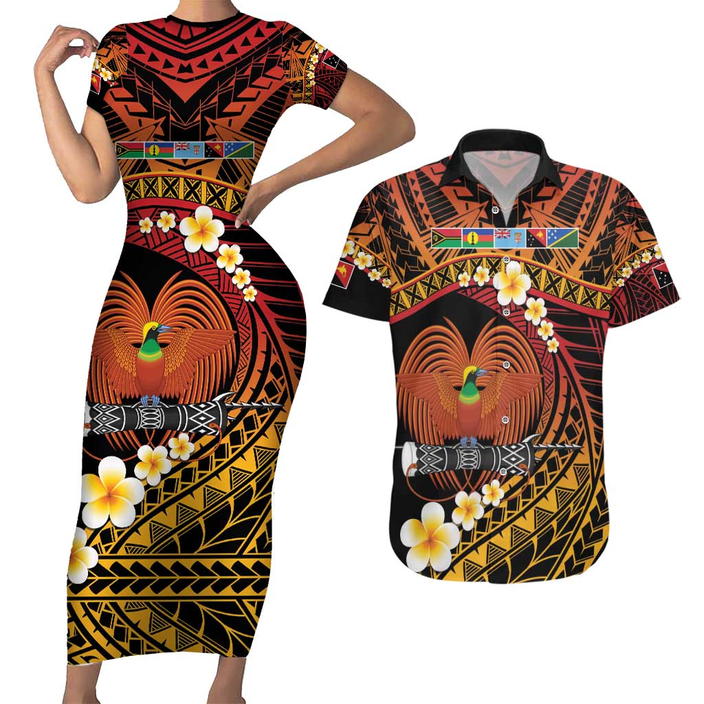 Melanesian Papua New Guinea Couples Matching Short Sleeve Bodycon Dress and Hawaiian Shirt Plumeria Bird of Paradise Tribal LT9 Red - Polynesian Pride