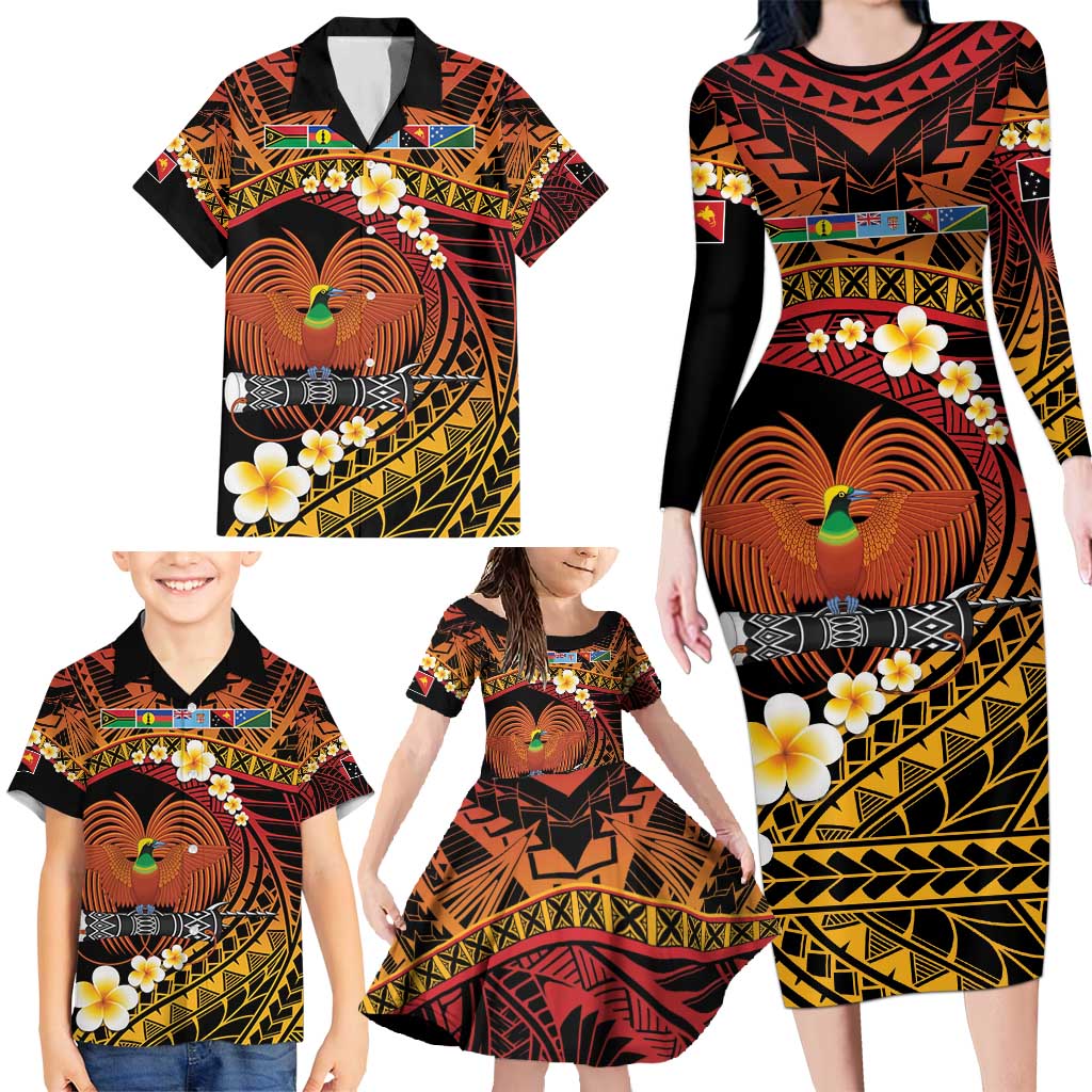 Melanesian Papua New Guinea Family Matching Long Sleeve Bodycon Dress and Hawaiian Shirt Plumeria Bird of Paradise Tribal