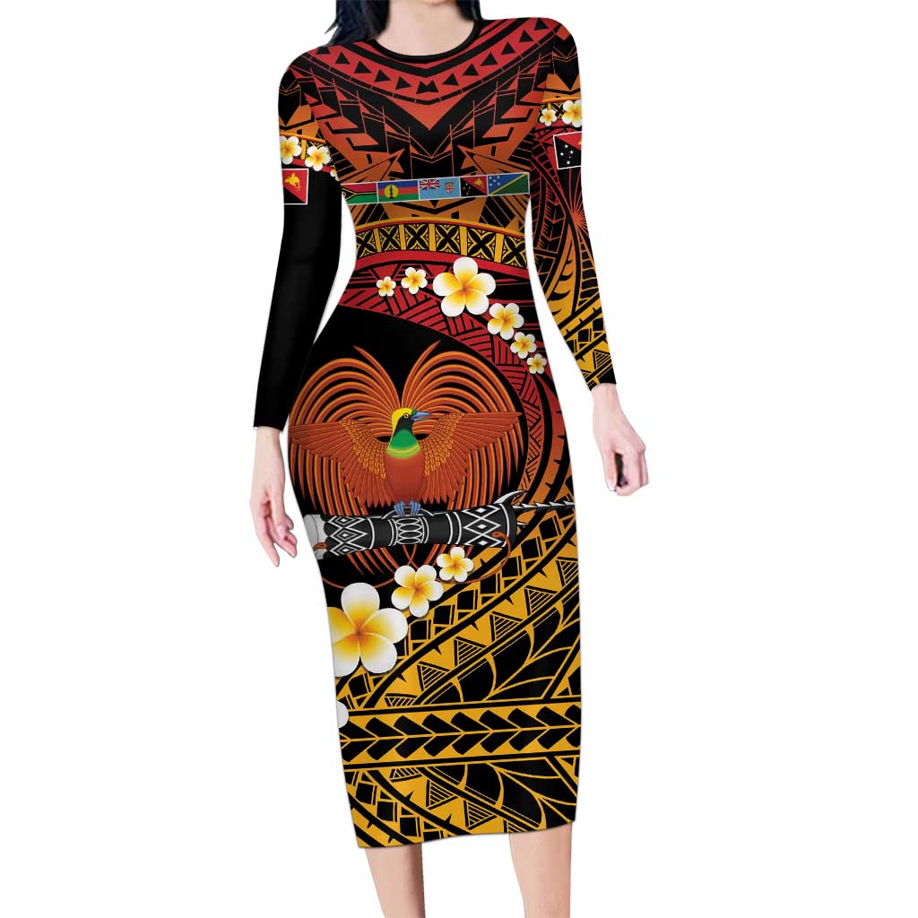 Melanesian Papua New Guinea Family Matching Long Sleeve Bodycon Dress and Hawaiian Shirt Plumeria Bird of Paradise Tribal
