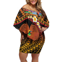 Melanesian Papua New Guinea Family Matching Off Shoulder Short Dress and Hawaiian Shirt Plumeria Bird of Paradise Tribal