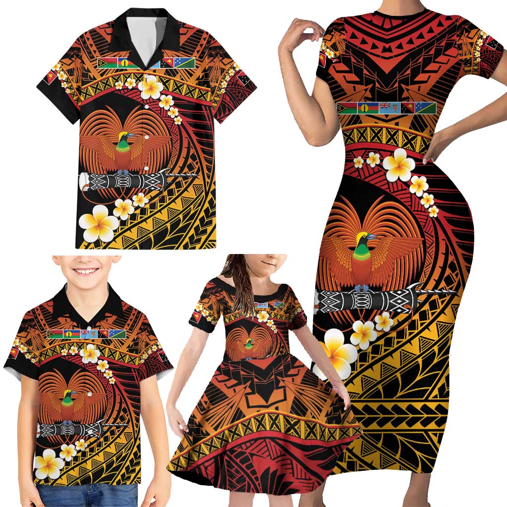 Melanesian Papua New Guinea Family Matching Short Sleeve Bodycon Dress and Hawaiian Shirt Plumeria Bird of Paradise Tribal