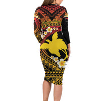 Melanesian Papua New Guinea Long Sleeve Bodycon Dress Plumeria Bird of Paradise Tribal