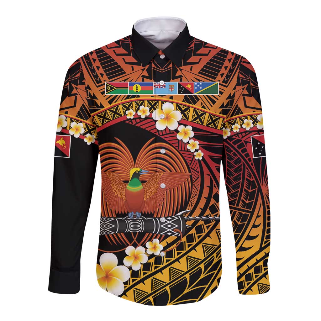 Melanesian Papua New Guinea Long Sleeve Button Shirt Plumeria Bird of Paradise Tribal