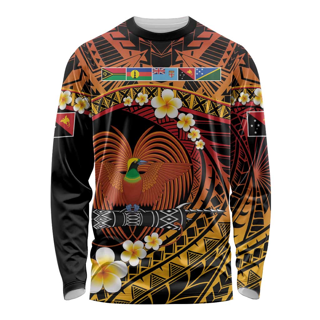 Melanesian Papua New Guinea Long Sleeve Shirt Plumeria Bird of Paradise Tribal