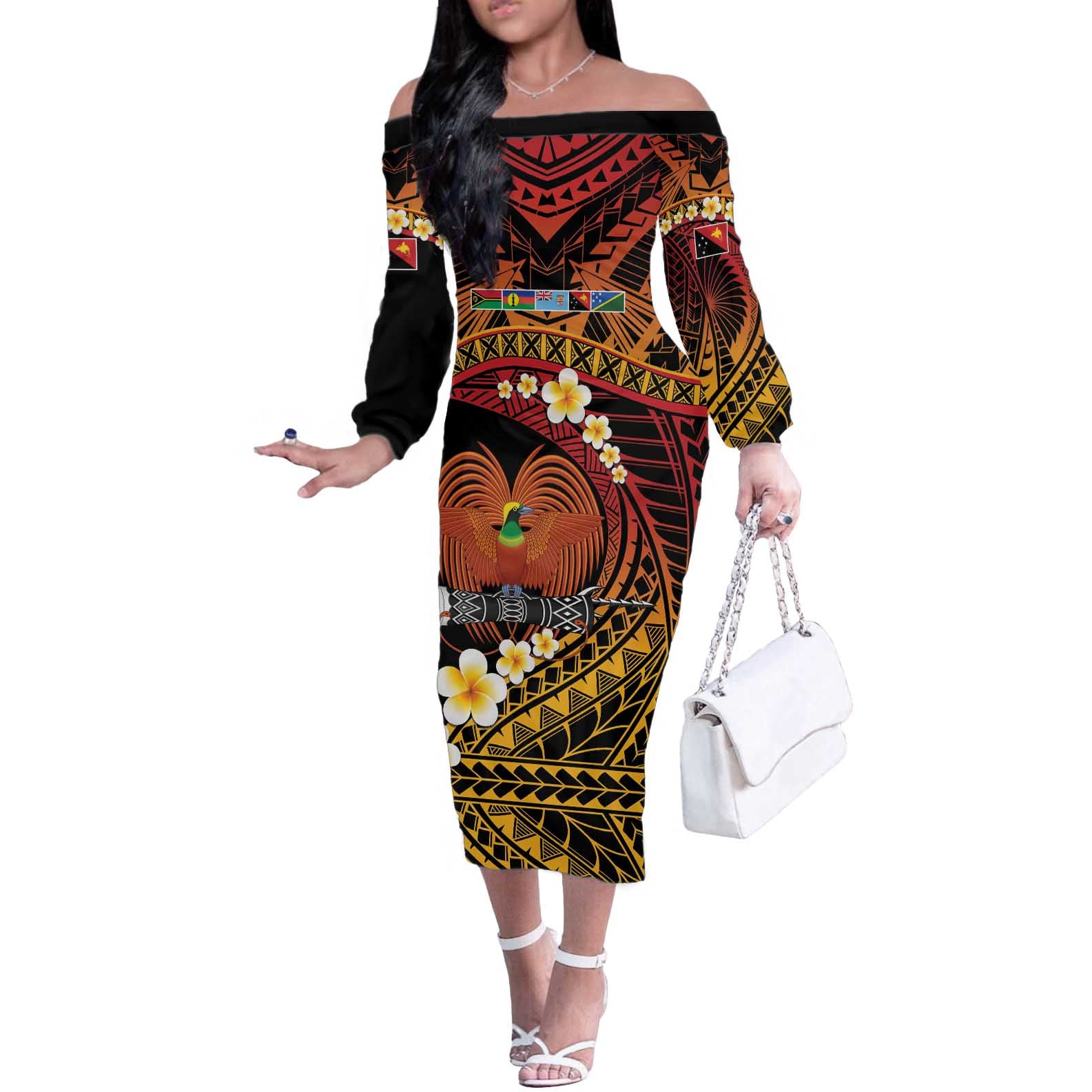 Melanesian Papua New Guinea Off The Shoulder Long Sleeve Dress Plumeria Bird of Paradise Tribal